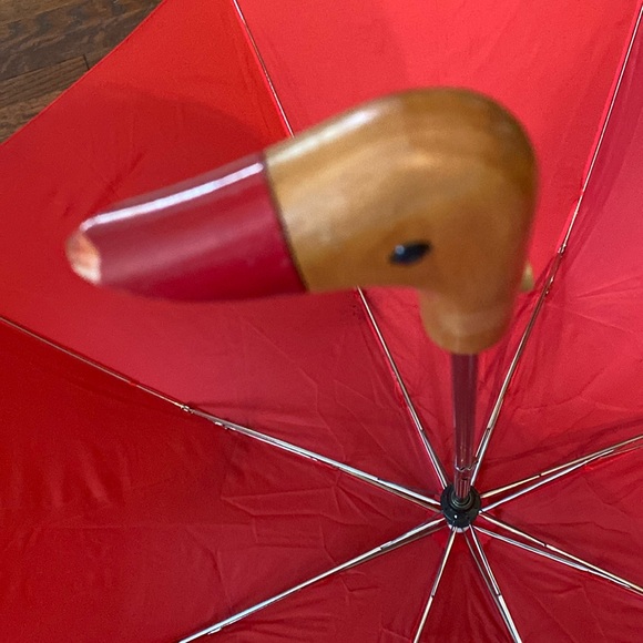 Vintage Raines Premier Wood Duck Handle Push Button Umbrella Red - Picture 8 of 13